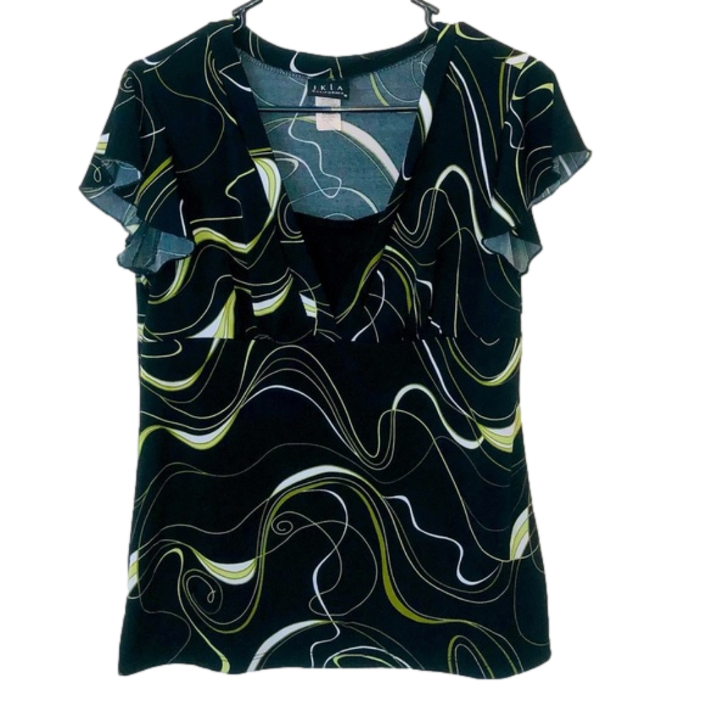 JKLA CALIFORNIA Black, White & Green Abstract Blouse